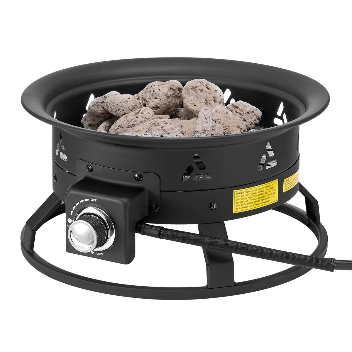 Black propane gas fire pit bowl filled with lava rocks and control knob, portable outdoor heater