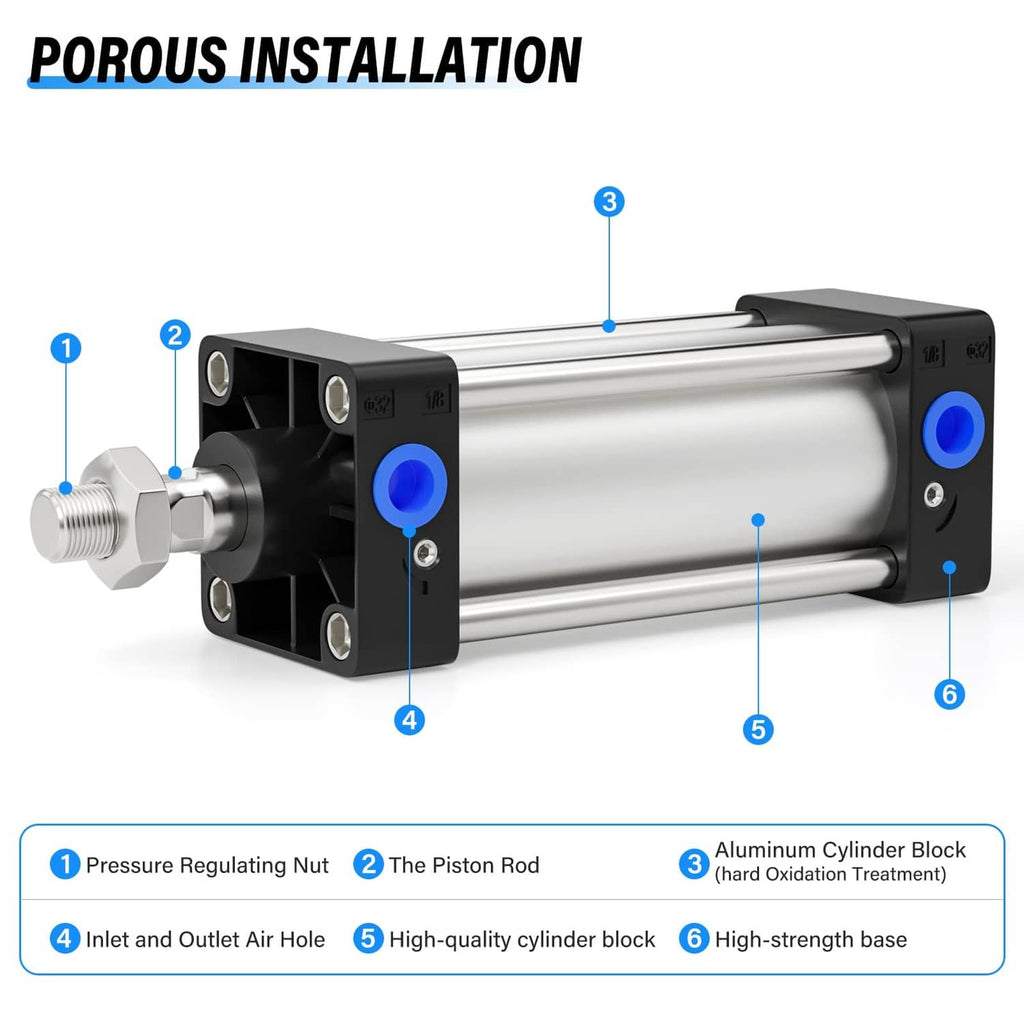Pneumatic air cylinder cutaway with chrome rods, black block, and blue ports
