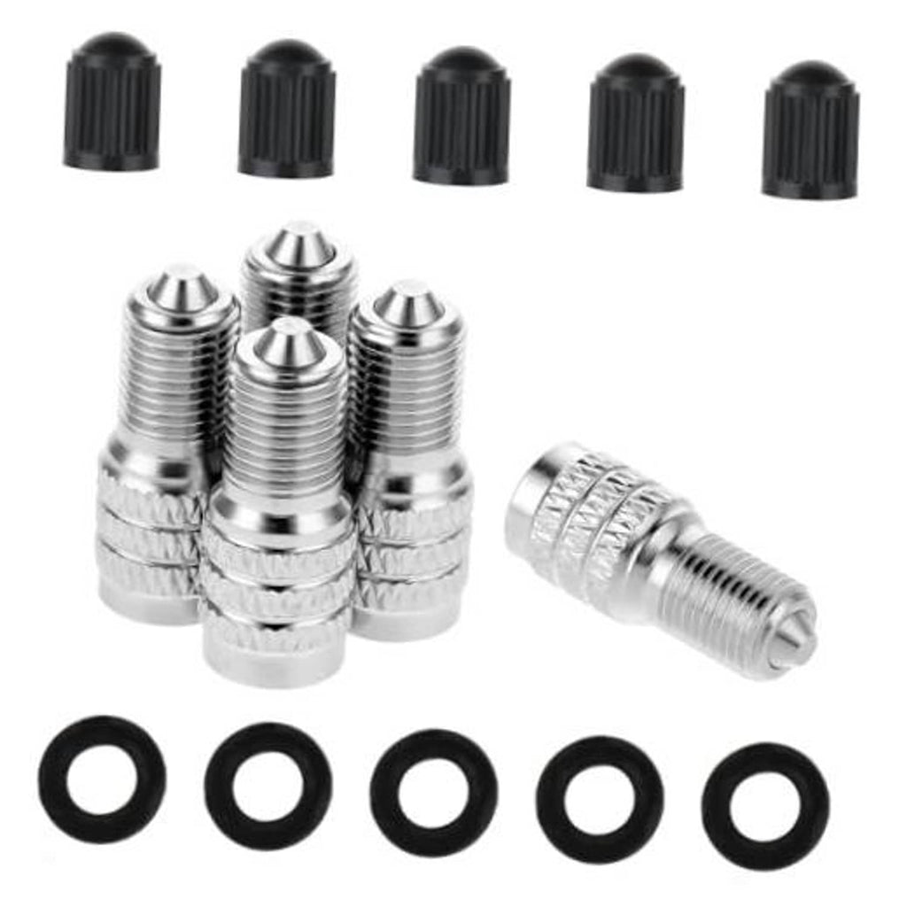 Metal valve stem extension caps set with black ribbed tops and rubber seals