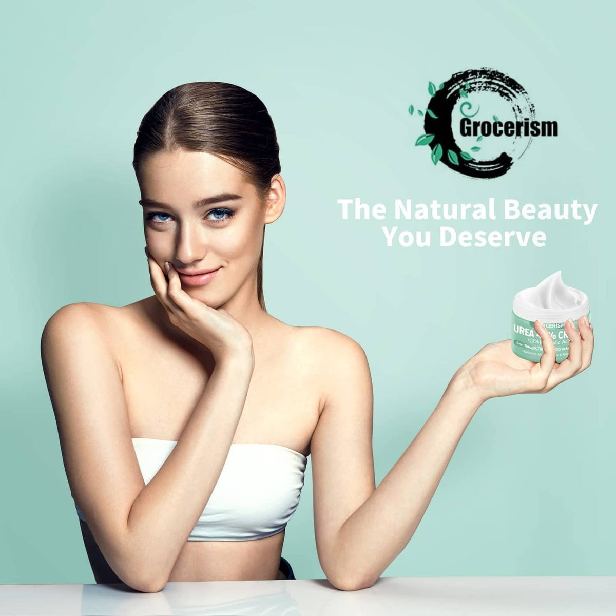 Beauty model holding Urea 20% cream jar with white cap.