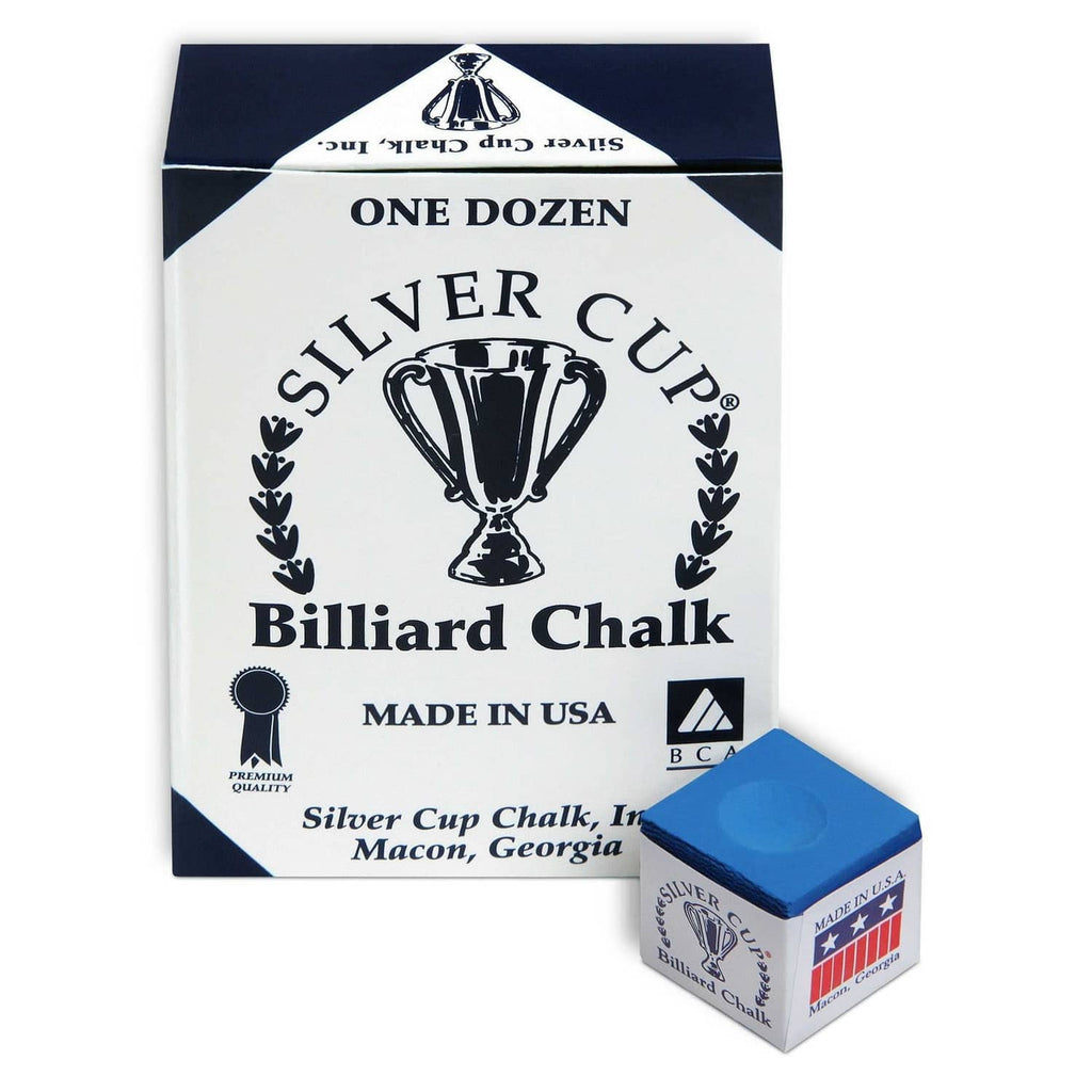 Silver Cup billiard chalk carton with electric blue chalk cube set, one dozen.
