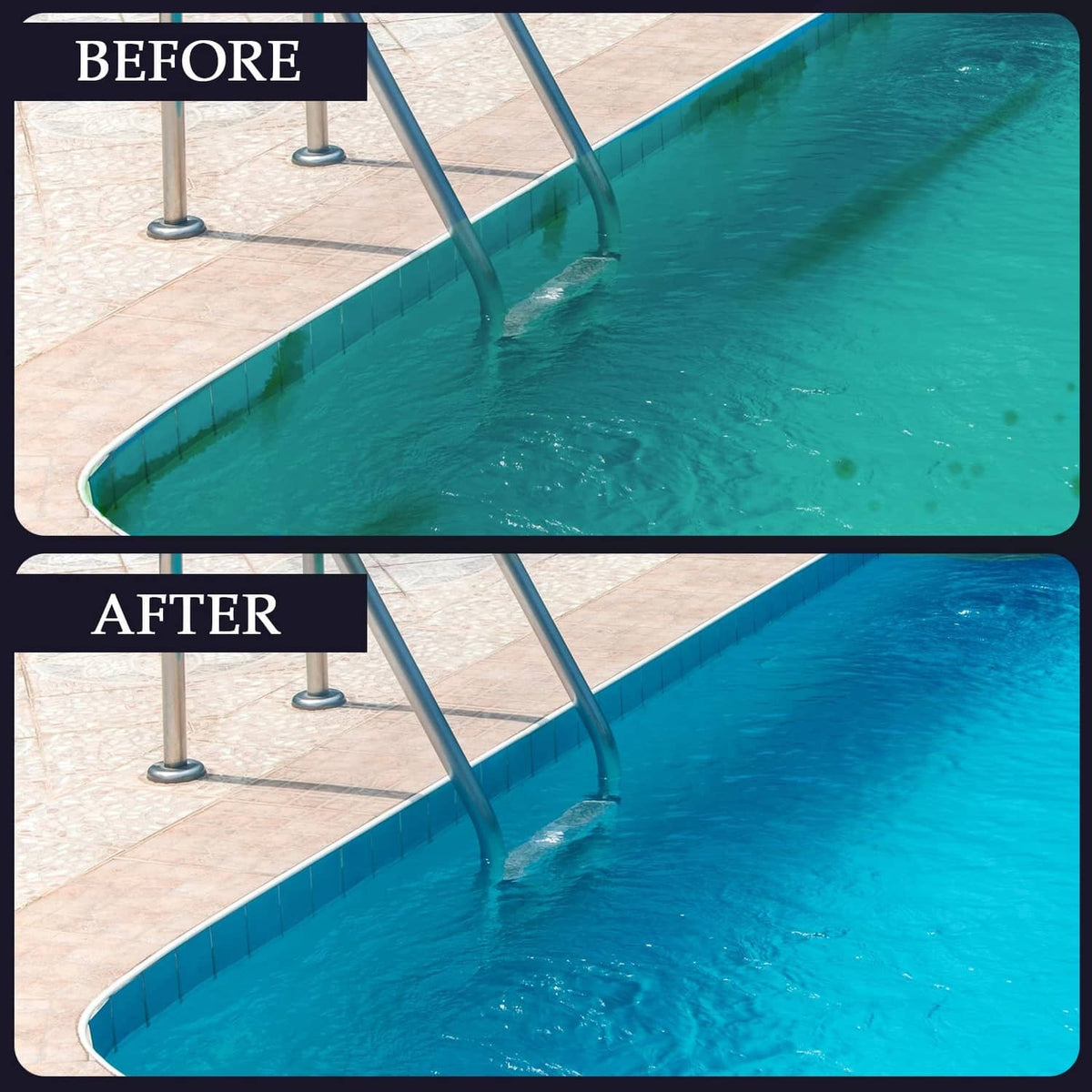 Pool water shown before and after cleaning, suggesting stain reduction with abrasive stone.
