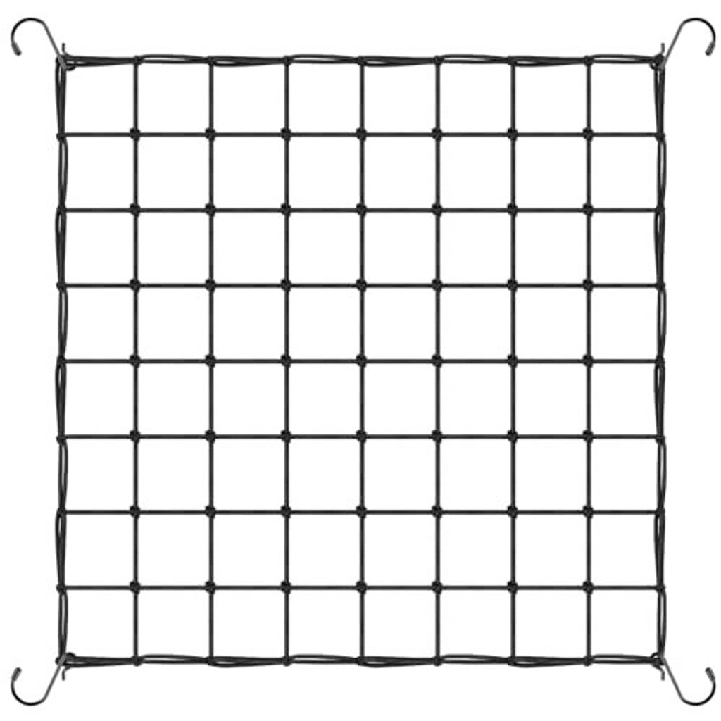 Black square grid trellis netting panel with four corner hooks, flat view