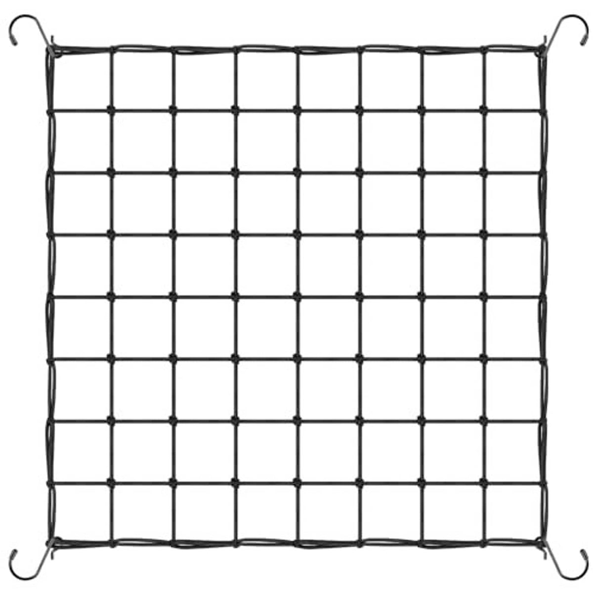 Black square grid trellis netting panel with four corner hooks, flat view