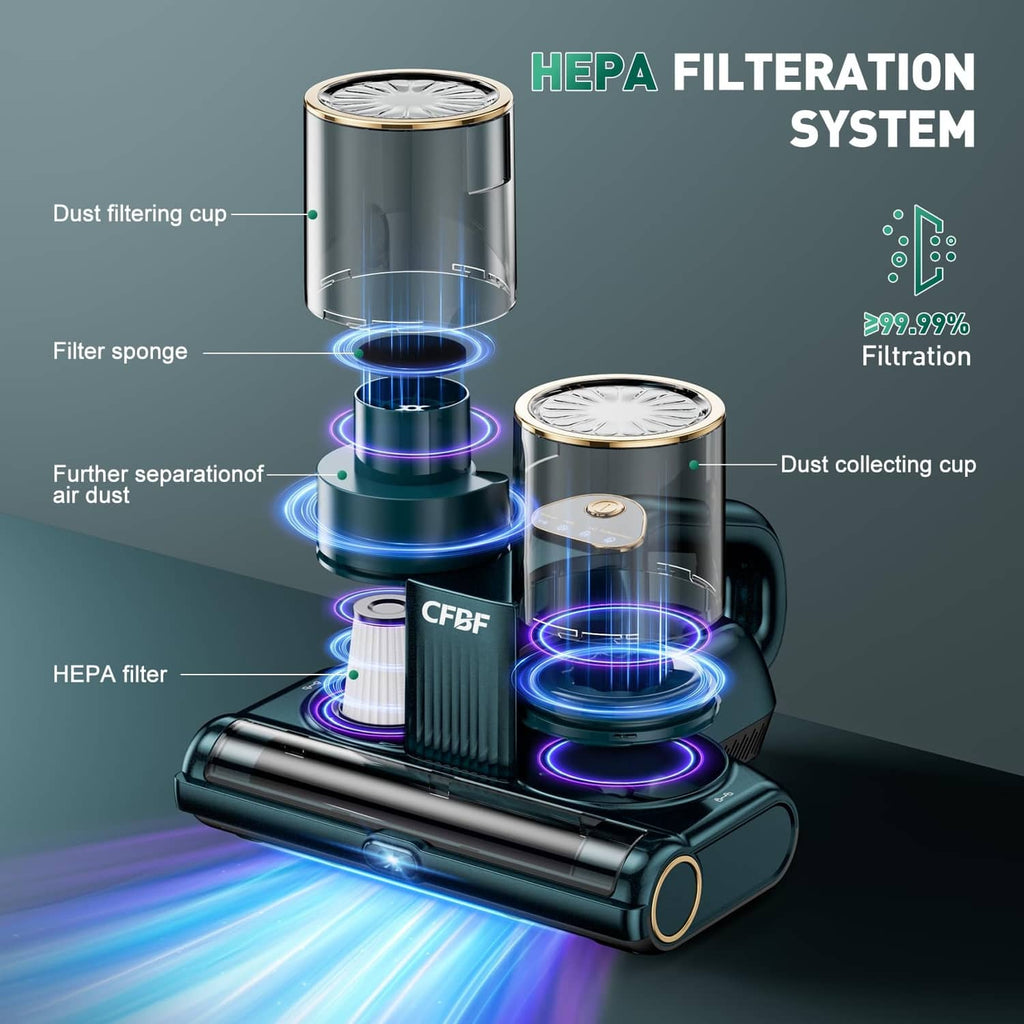 Dark cyan mattress vacuum cleaner with HEPA filtration cups and airflow path indicators