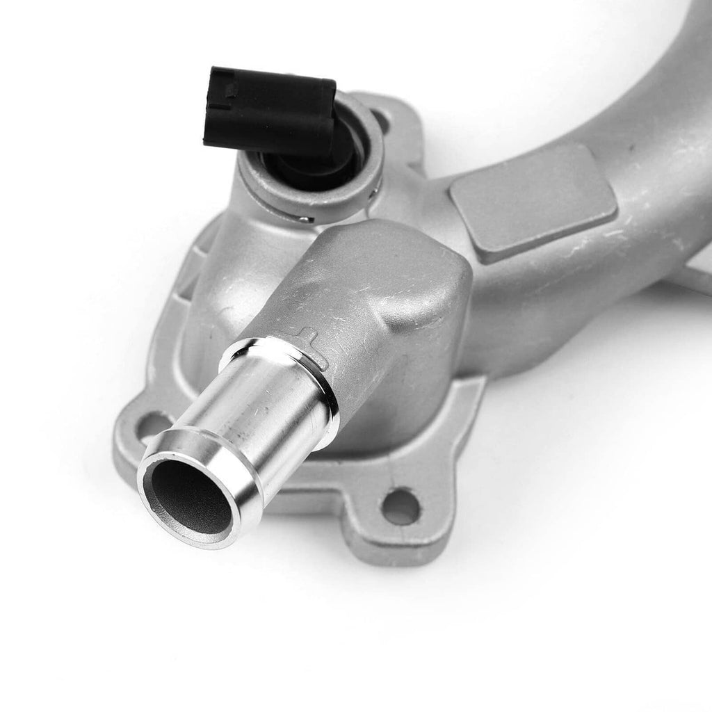 Close-up aluminum thermostat housing water outlet with sensor connector and outlet tube