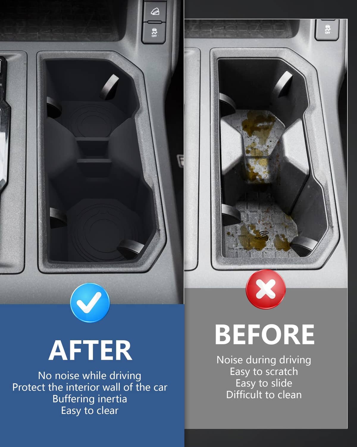 Cup holder insert in center console shown with clean surface and stained debris in slot