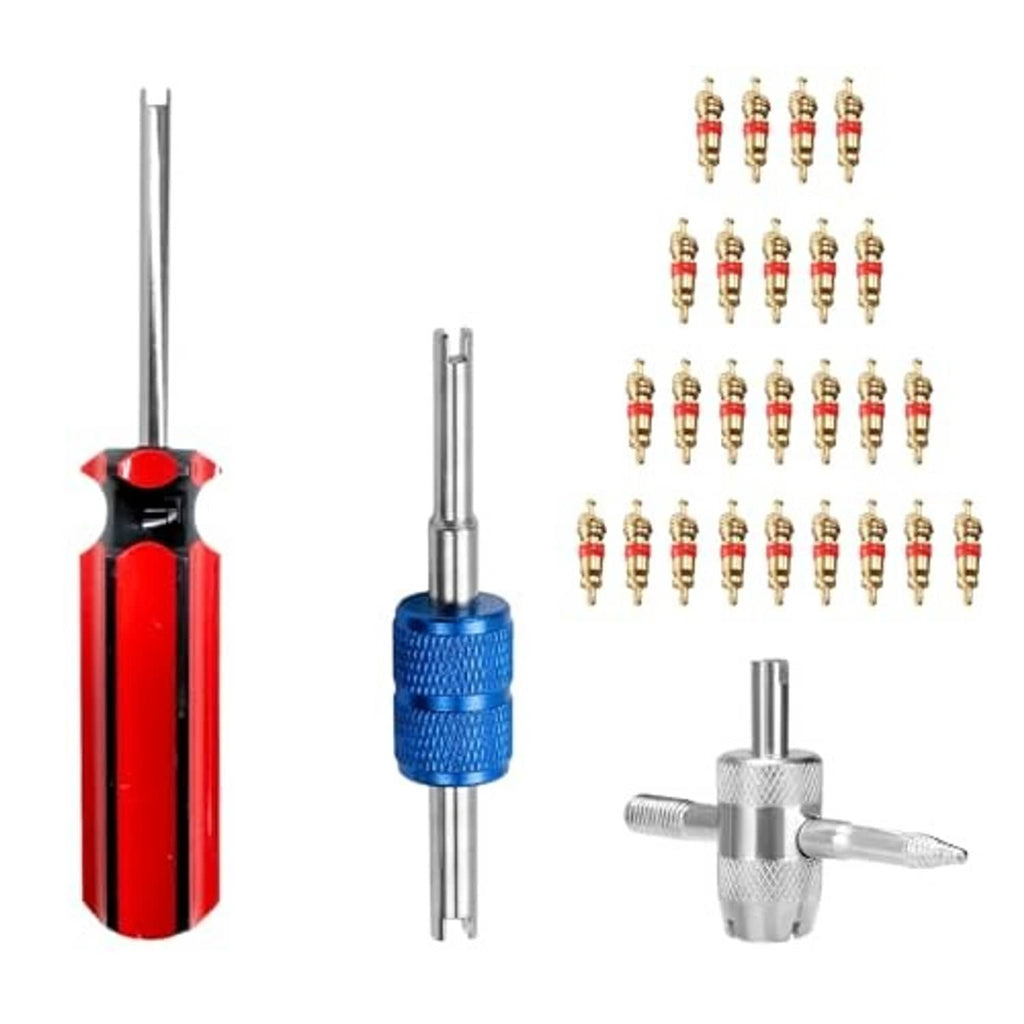 Tire valve core removal tool kit with red handle, blue grip remover, and brass valve cores