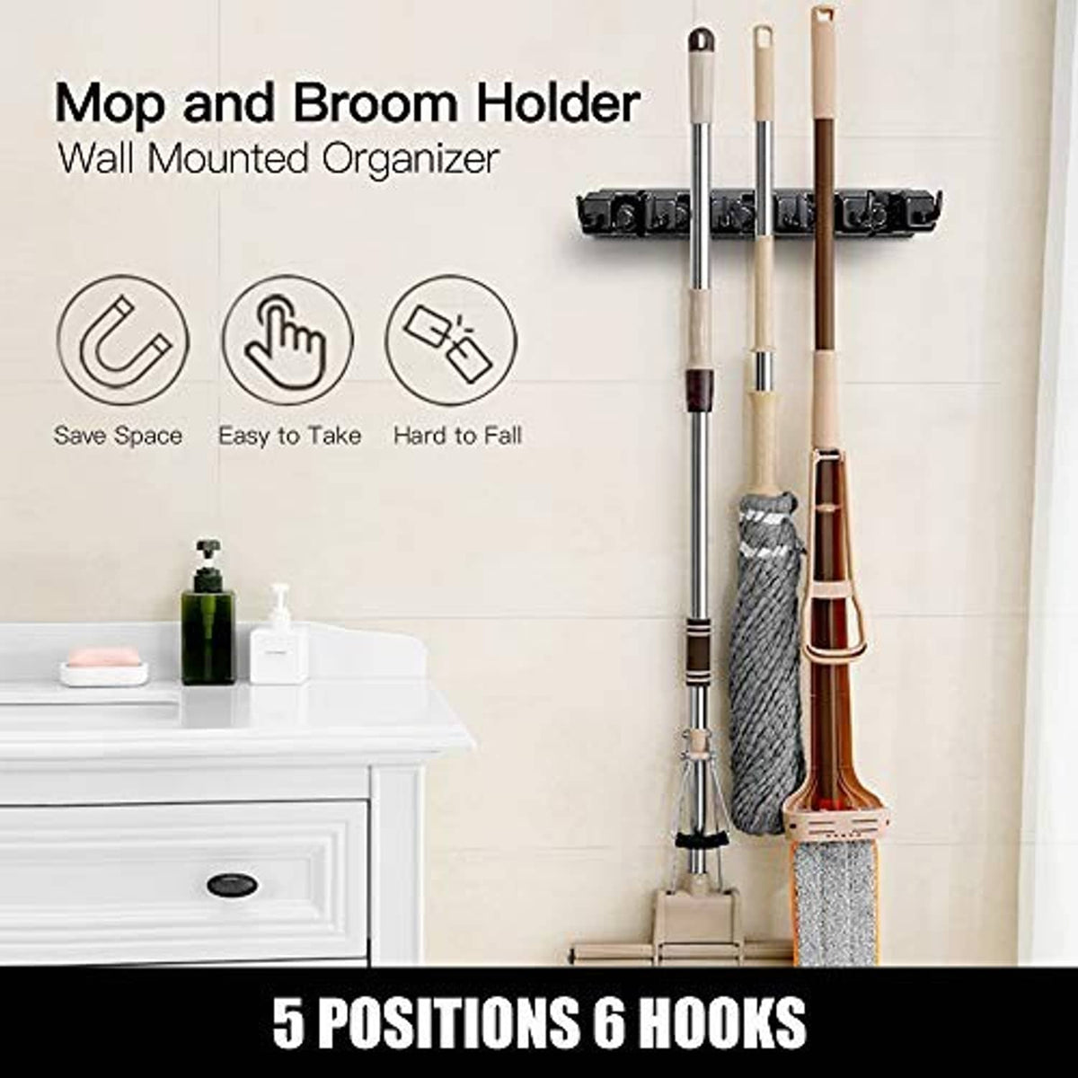 Wall-mounted mop and broom holder organizer with multiple hooks for mop handles
