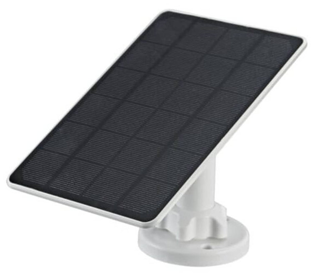 Rectangular solar panel charger with dark grid surface and white clip-style bracket