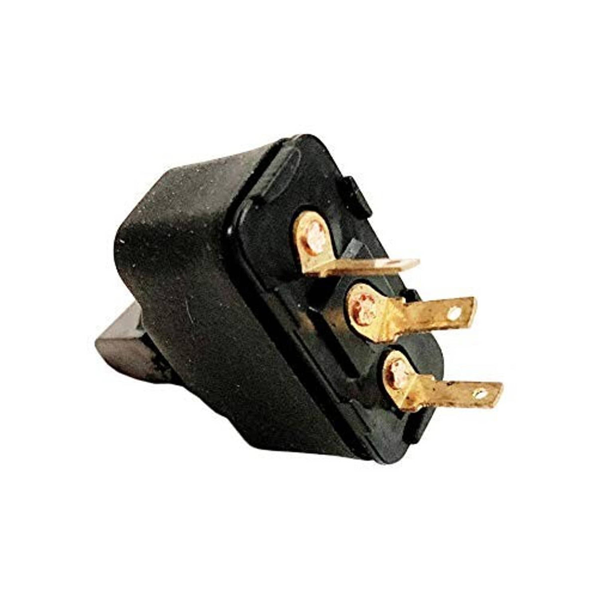 A.A tilt paddle switch with three gold metal terminals and black back housing