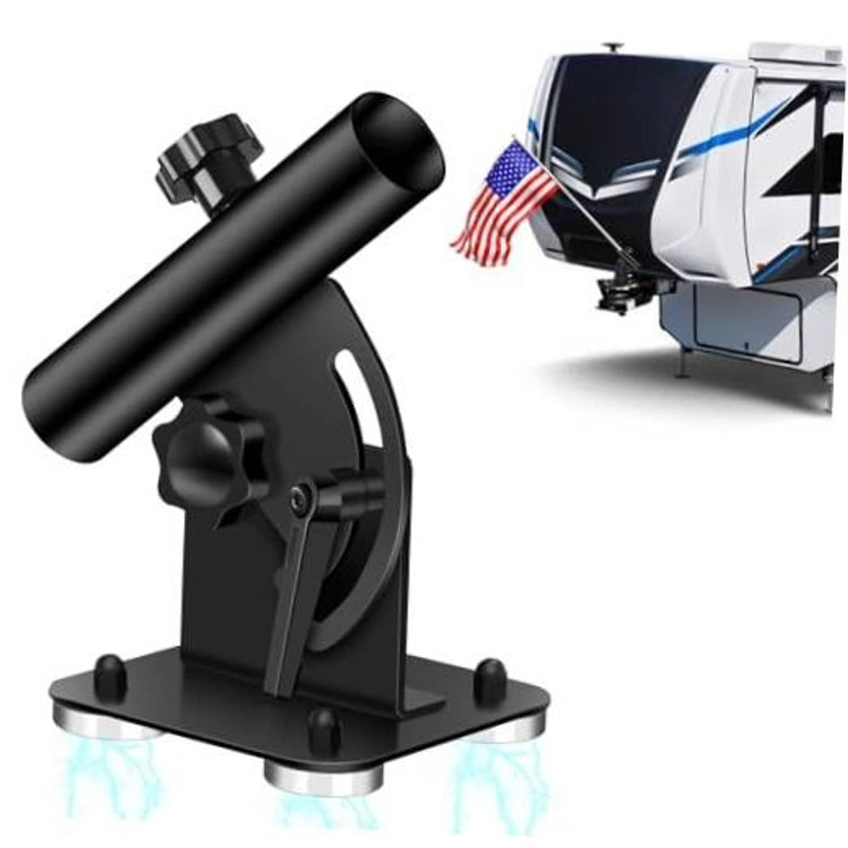 Black magnetic RV flag pole holder with base mount and tilt head