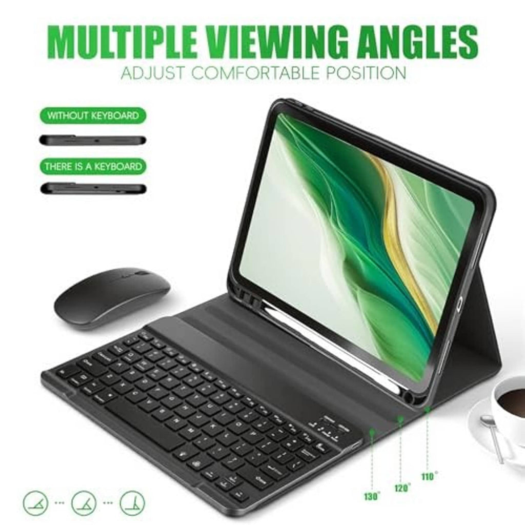 Black folding keyboard case with backlit keys and wireless mouse for tablet use