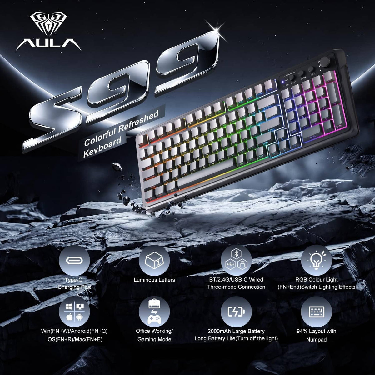 Gaming keyboard with colorful RGB key backlighting and dark top panel.