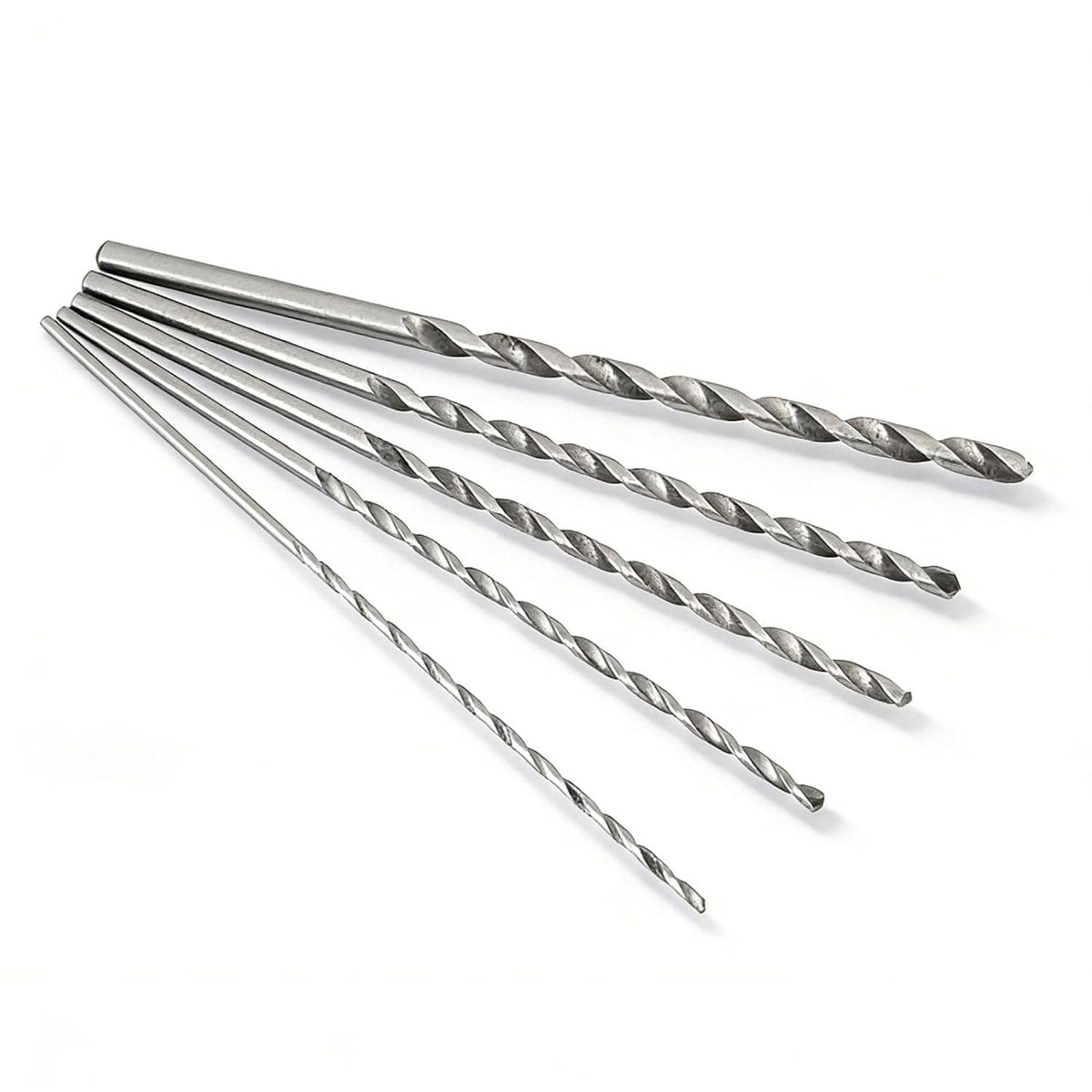 Set of five spiral fluted drill bits with long shanks and HSS steel finish