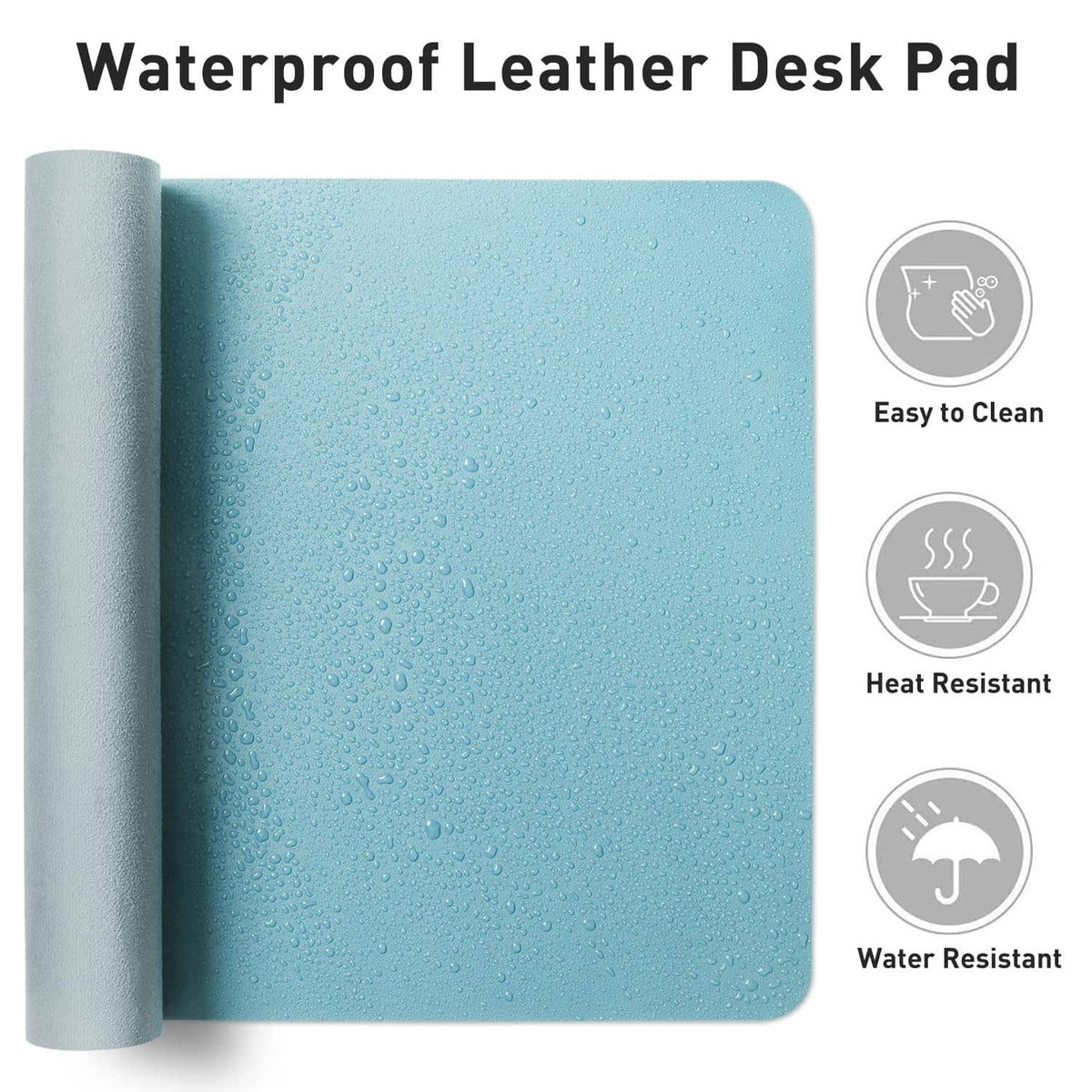 Water-resistant blue topaz PU leather desk pad rolled for storage