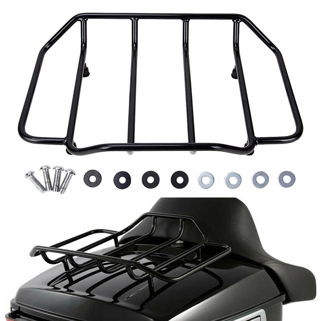 Black tubular motorcycle luggage rack with multiple vertical bars and front loop edges.