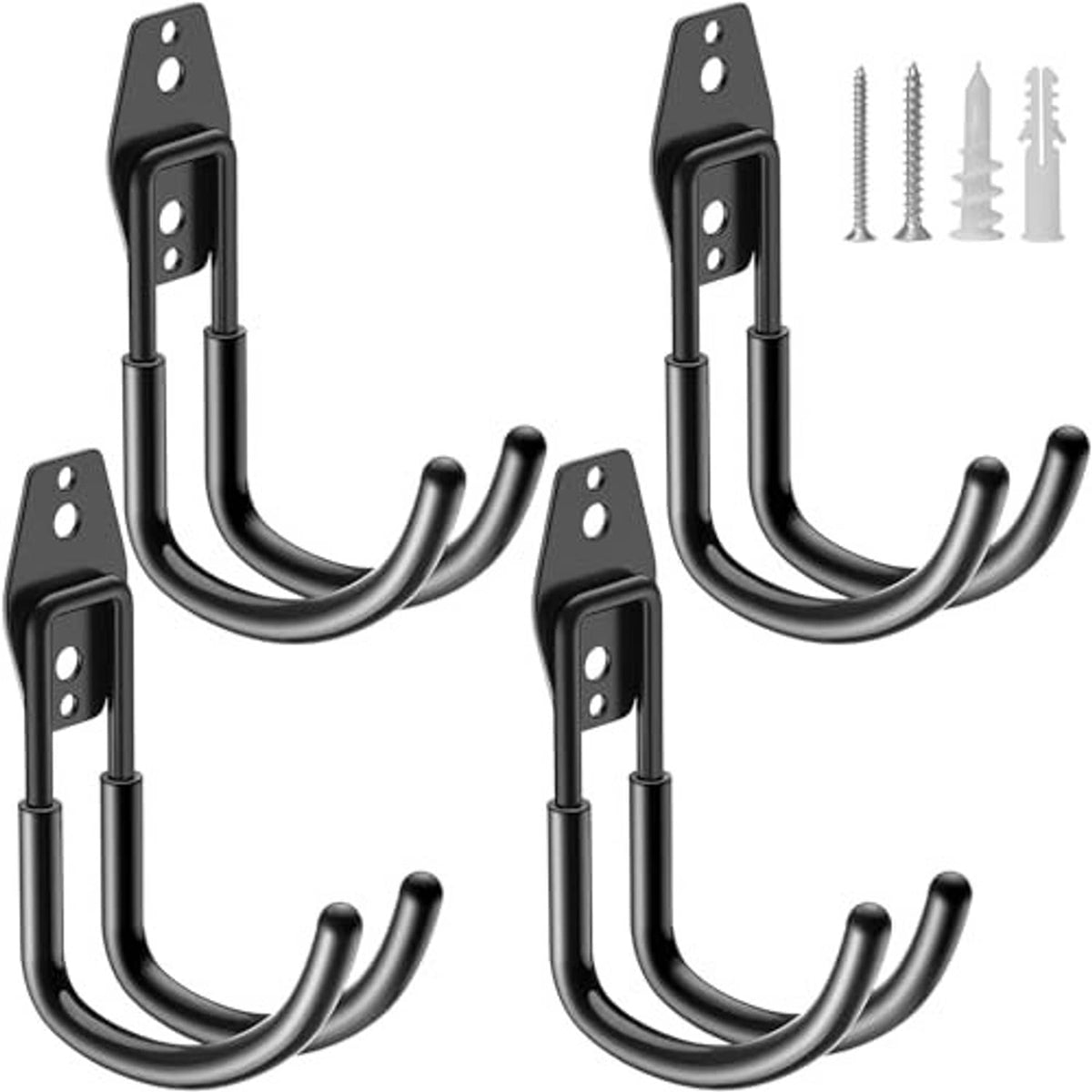 Black J-shaped garage hooks with screws and wall anchors, set of 4