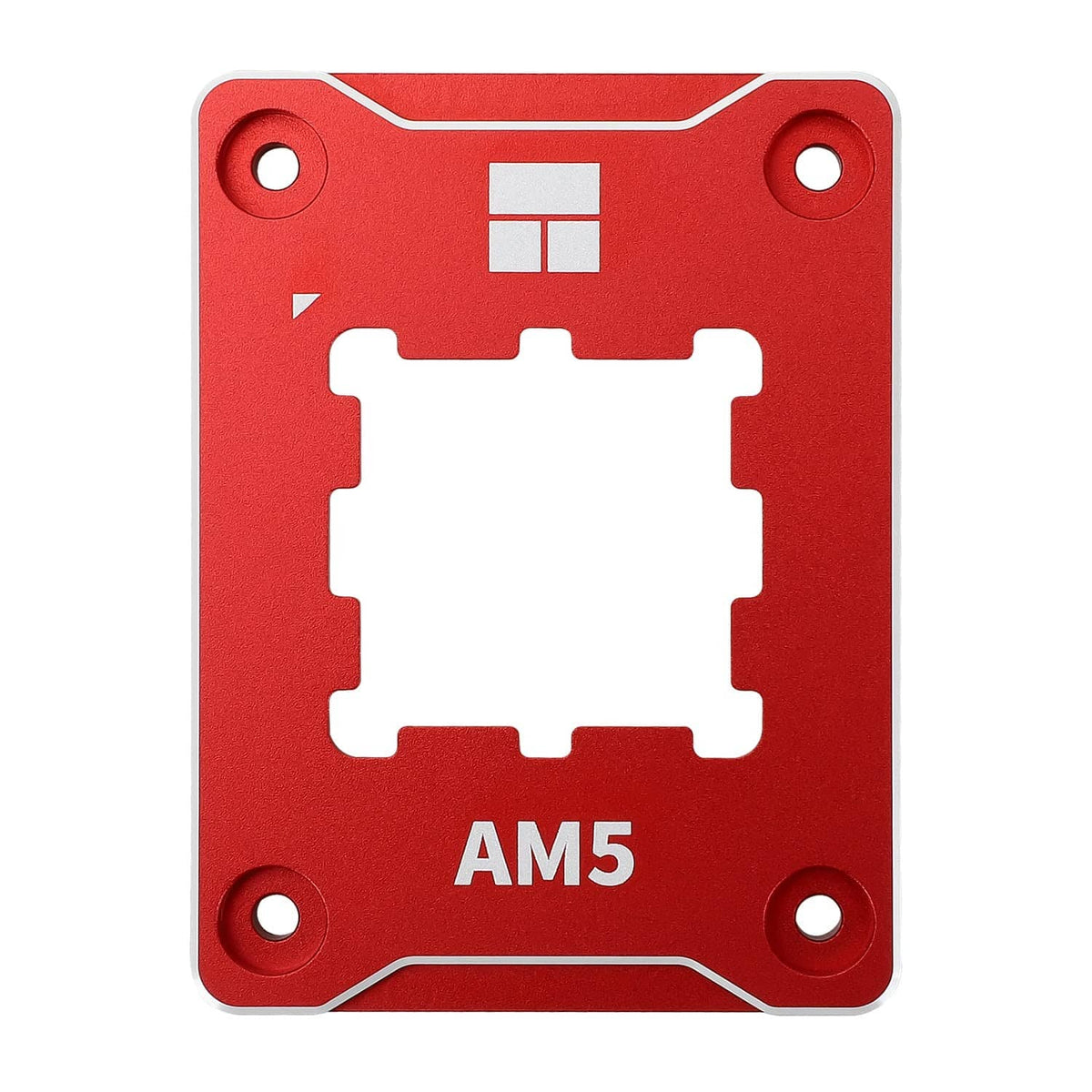 Red AM5 CPU mounting frame with central square cutout and four corner screw holes