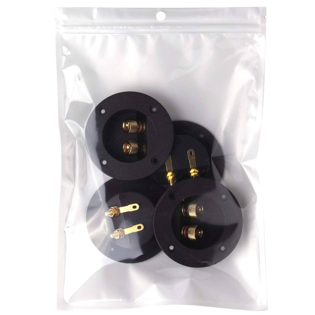 Bagged set of black speaker terminal cups with gold binding posts and wiring terminals