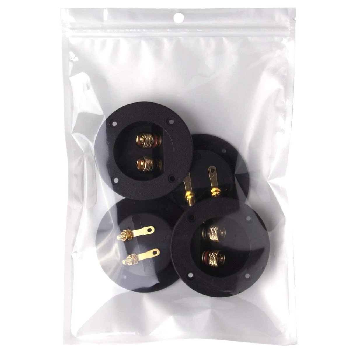 Bagged set of black speaker terminal cups with gold binding posts and wiring terminals