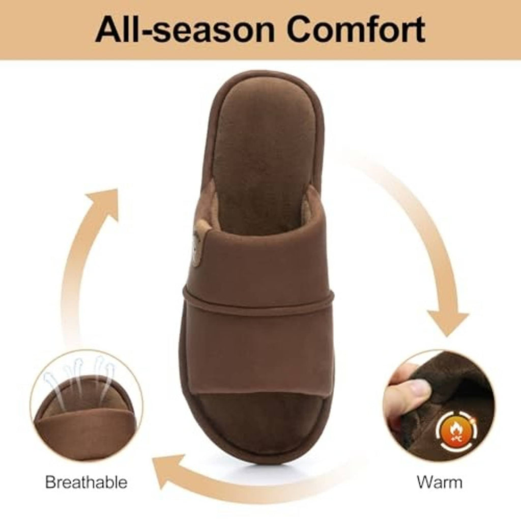 Coffee-brown men's open-toe slippers, slip-on slide style with soft padded footbed