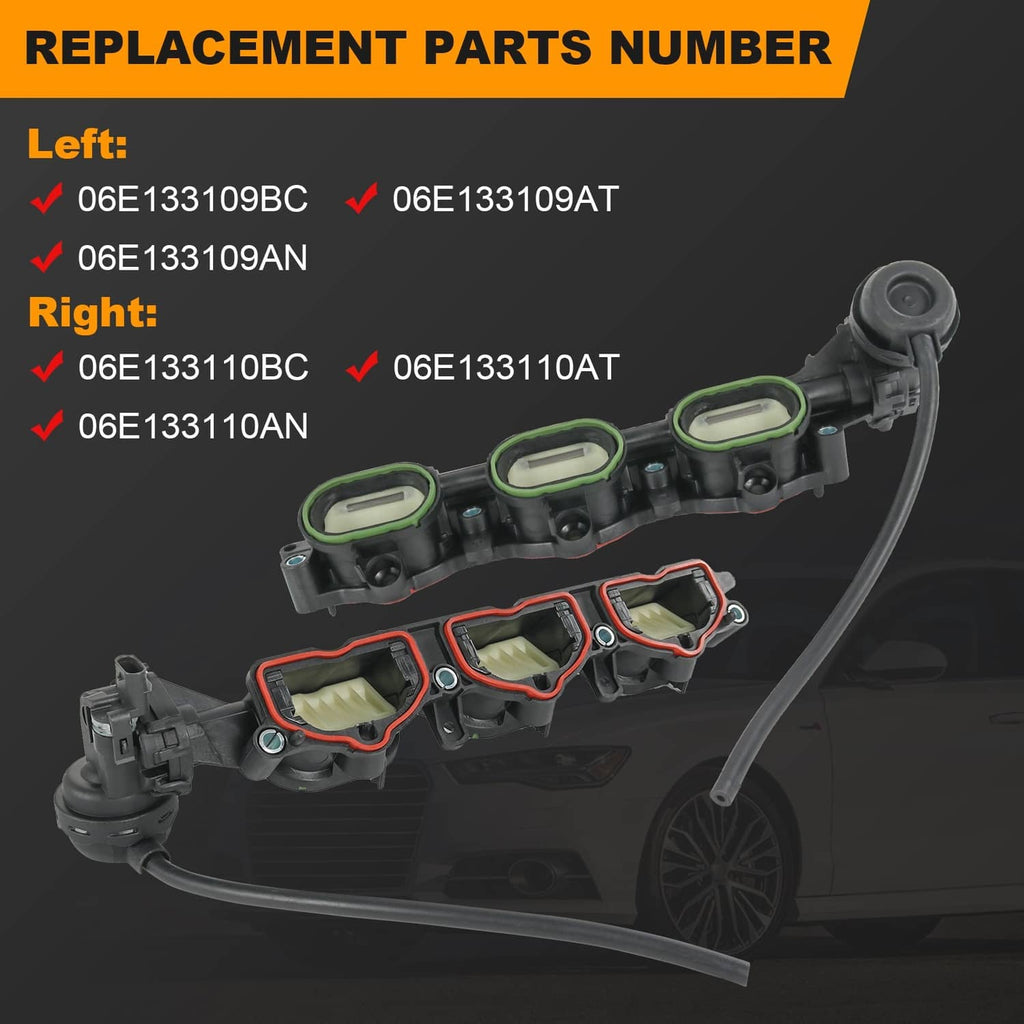 Intake manifold pair with green gasket seals and hoses; black housings with red trim