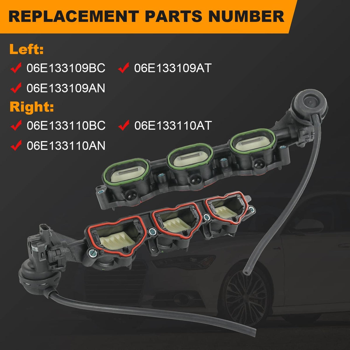 Intake manifold pair with green gasket seals and hoses; black housings with red trim