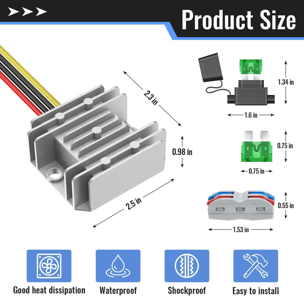 DC power converter with silver heat sink and compact terminal block with size diagram