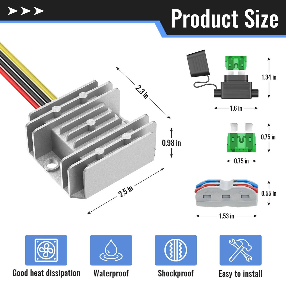 DC power converter with silver heat sink and compact terminal block with size diagram