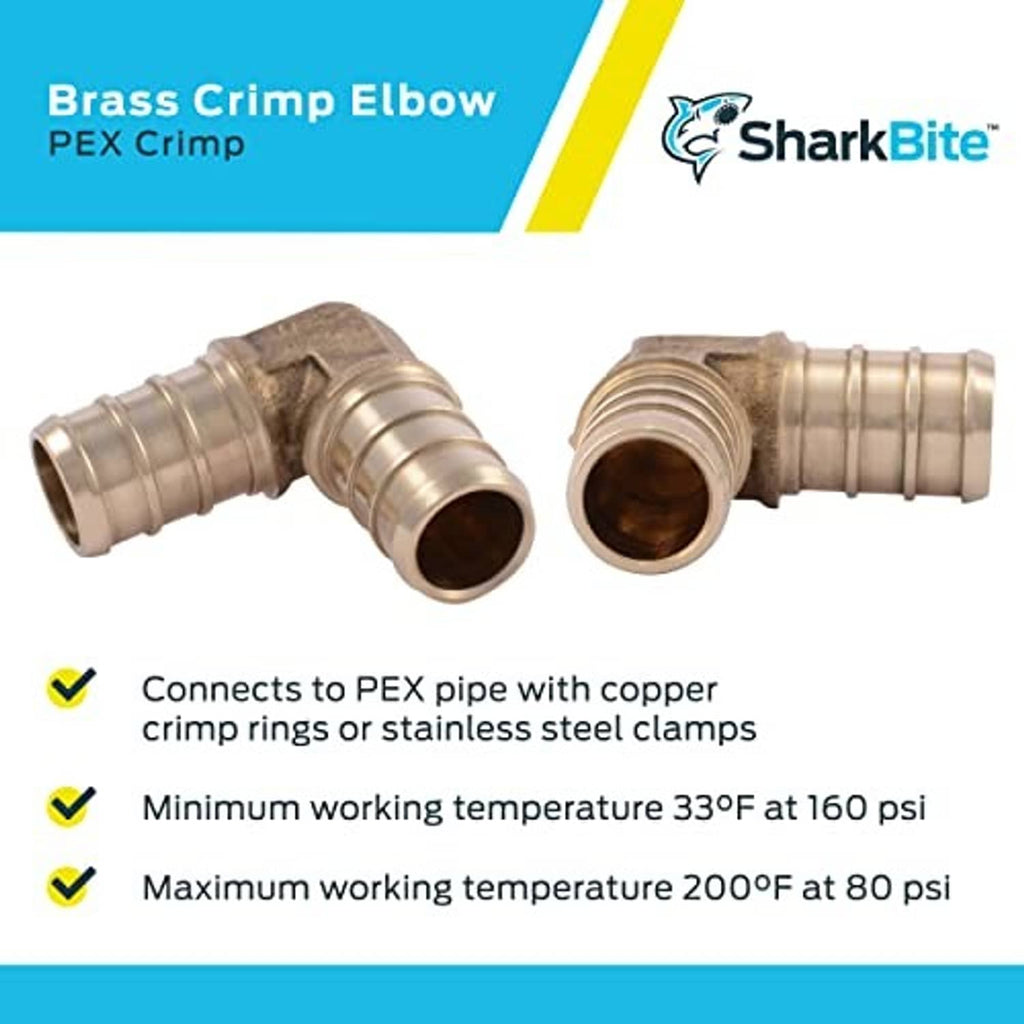 Brass PEX crimp elbow fitting shown in two angles with ribbed connector ends