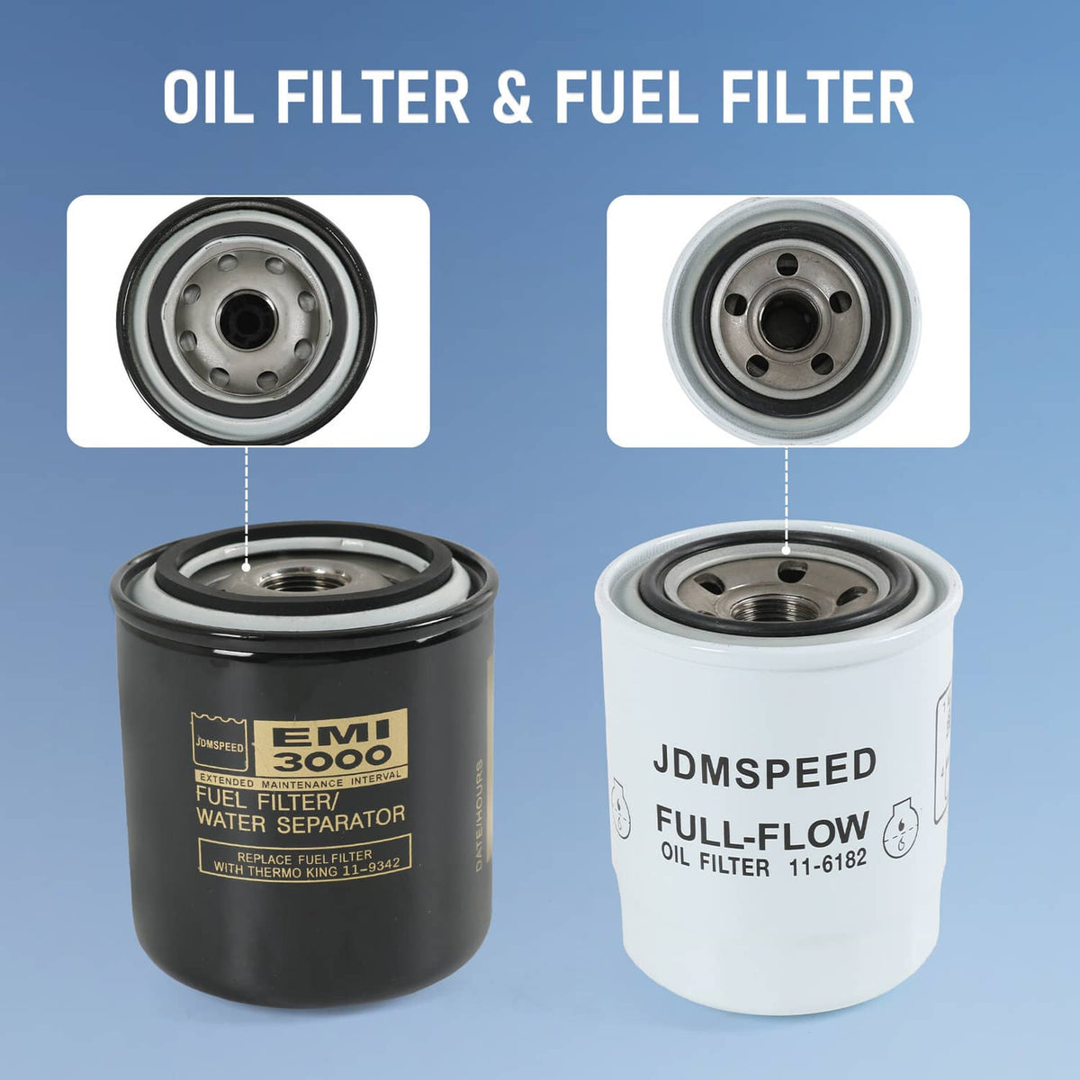 Oil and fuel filter set: one dark canister and one white canister with metal bases