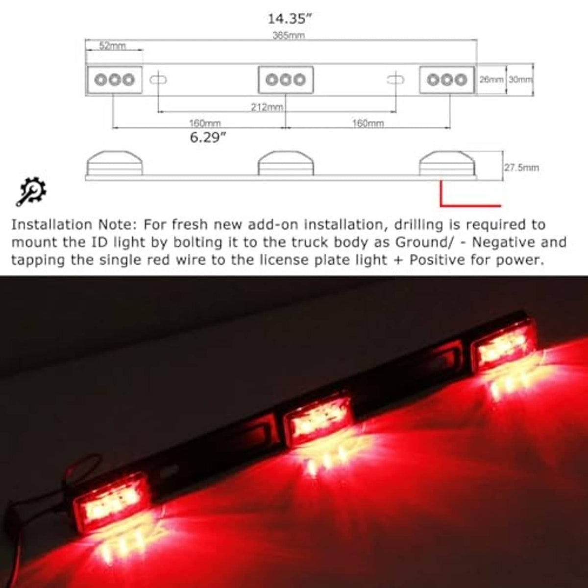 3-section LED ID light bar showing three red LED lamps lit