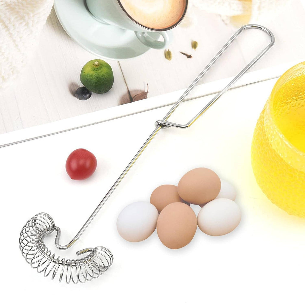 Two stainless steel coil whisks with flat handles and spring mixing loops