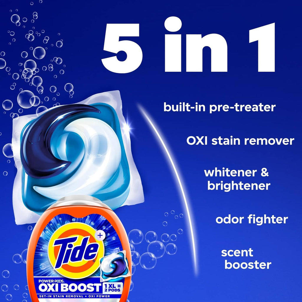 Tide Oxi Boost 5-in-1 detergent pod pack graphic with blue swirl detergent