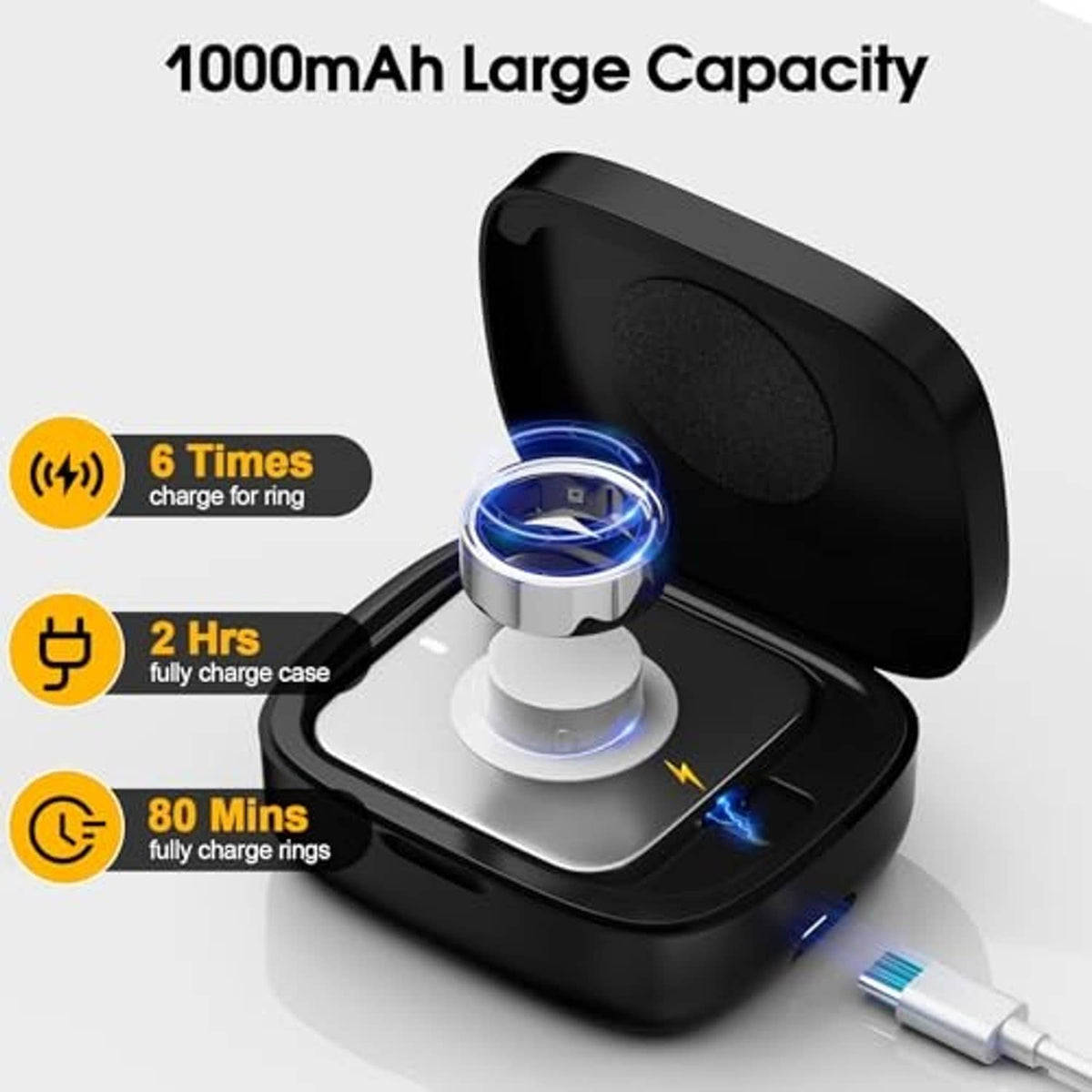 Black charging case with open lid, ring cradle, and blue charging indicator