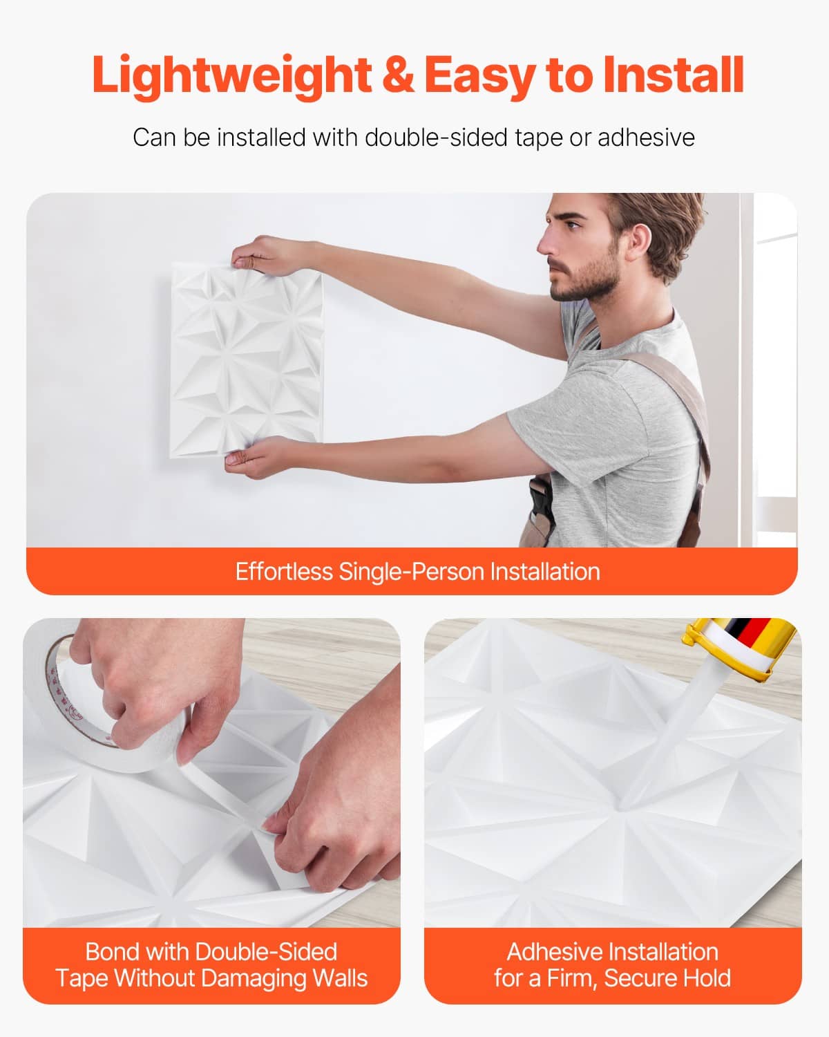 Man installing a white 3D diamond relief wall panel sheet on a wall