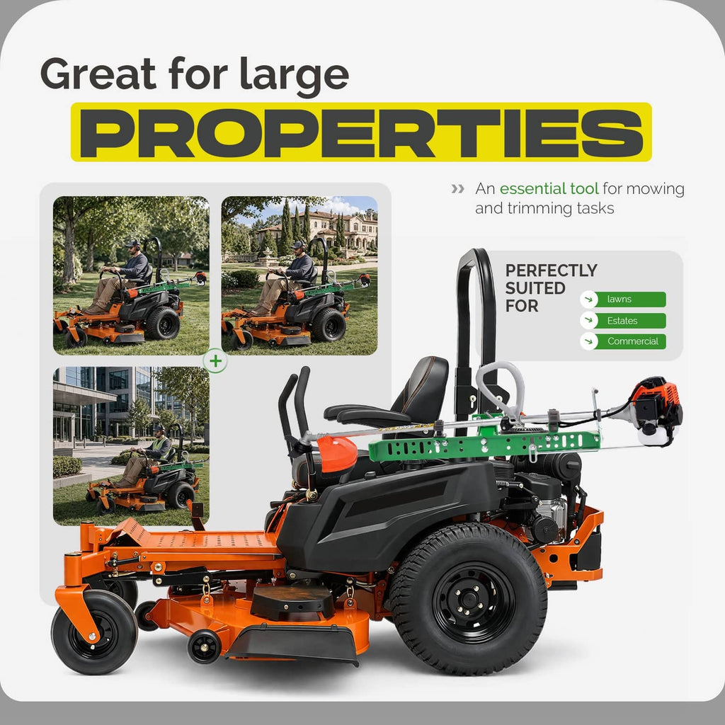 Zero-turn mower with green trimmer holder rack and mounting brackets