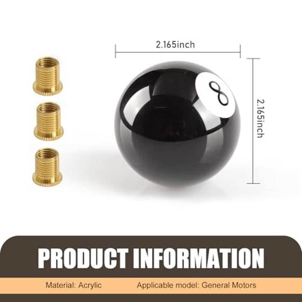 Black round 8-ball gear shift knob with gold threaded adapters; shows overall height