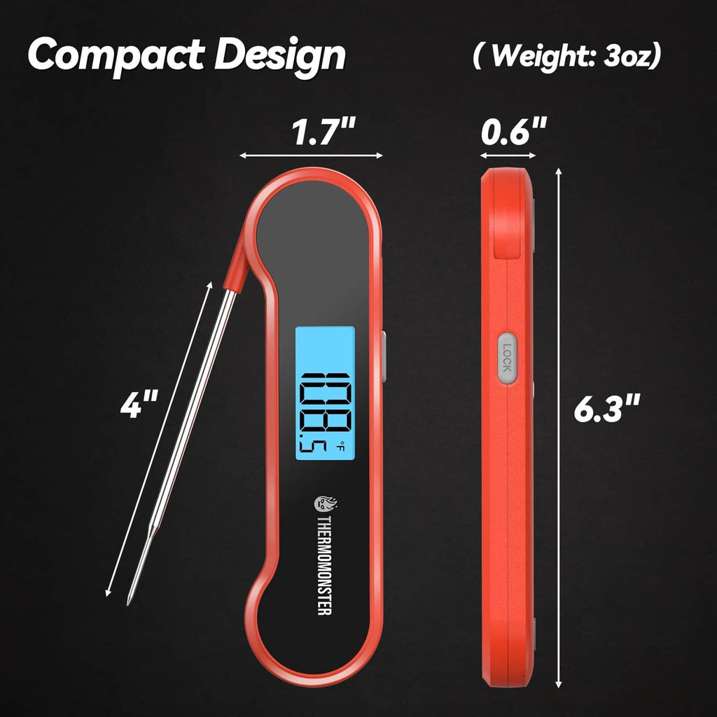 Red digital meat thermometer with probe; compact size shown
