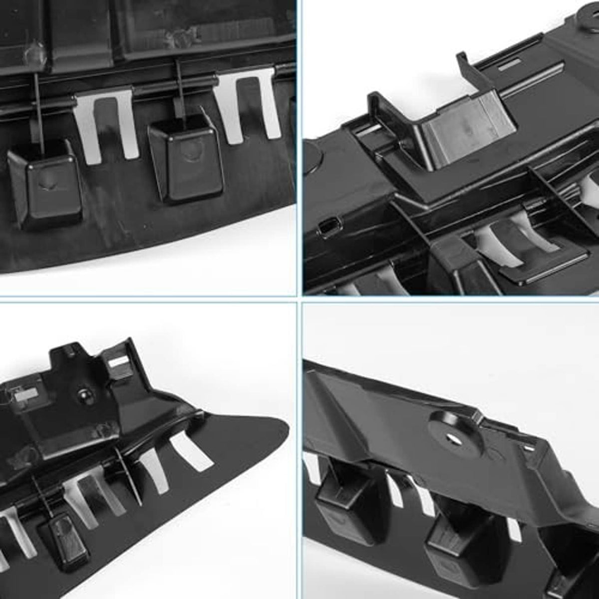 Interior view of black radiator support cover brackets and clip mounts