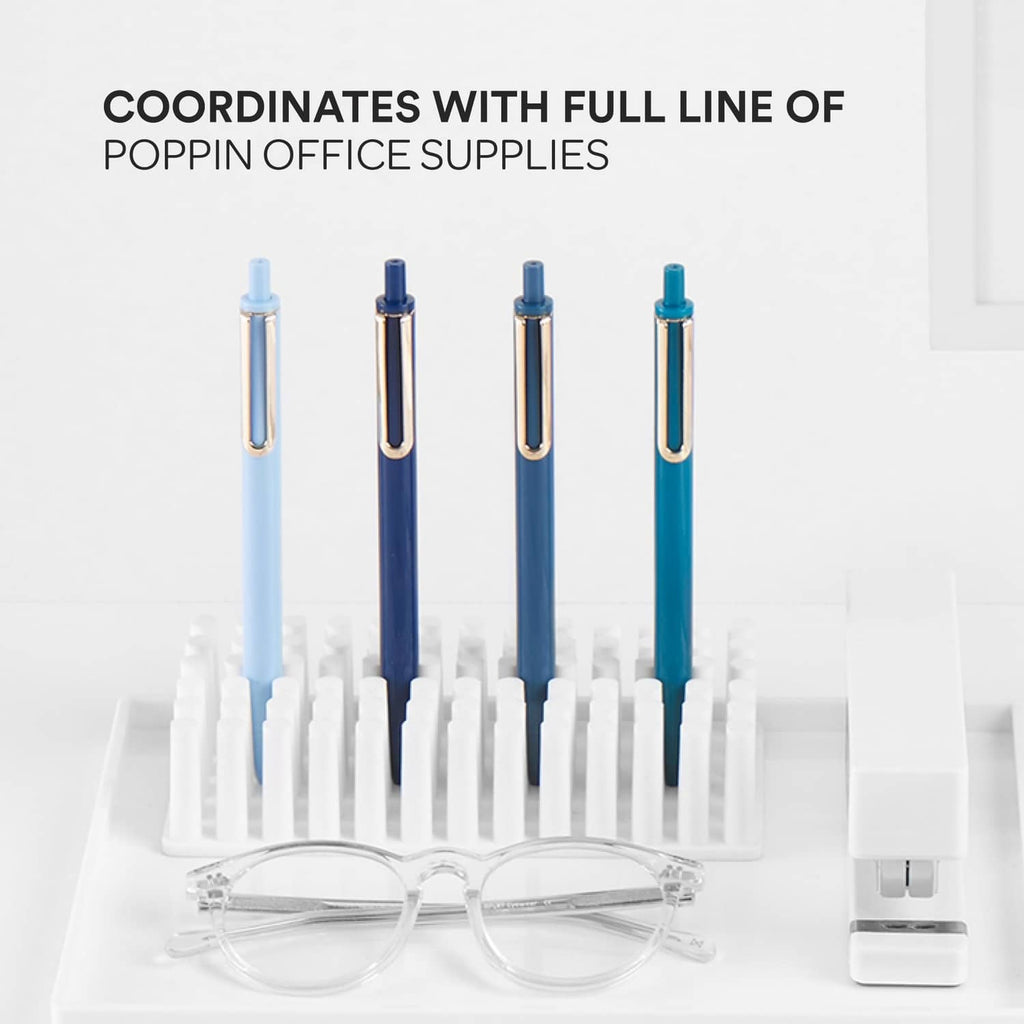 Four retractable gel pens in assorted blue shades with gold clips, fine point