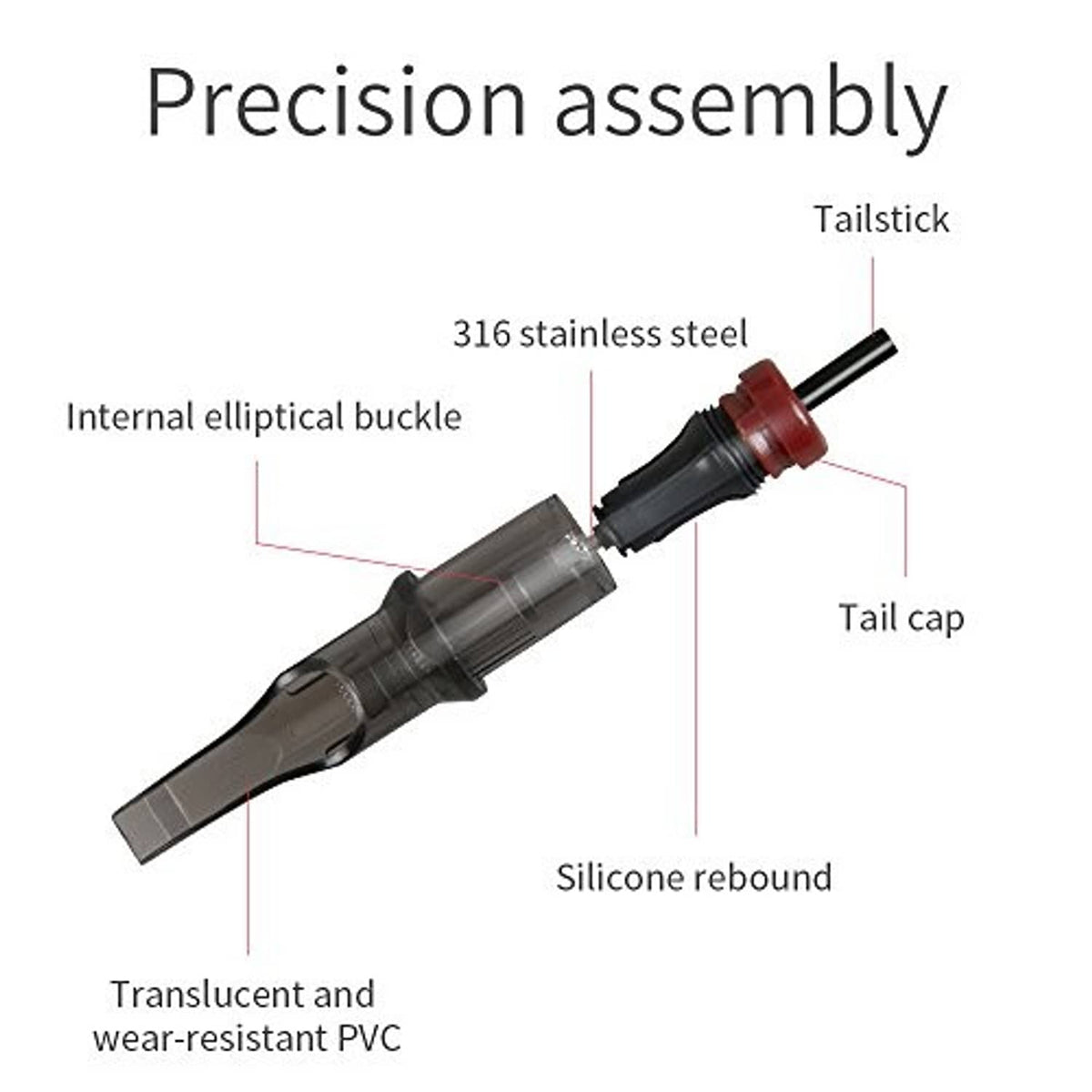 Dragonhawk Mast tattoo cartridge cutaway showing needle tip, tail cap, and silicone rebound