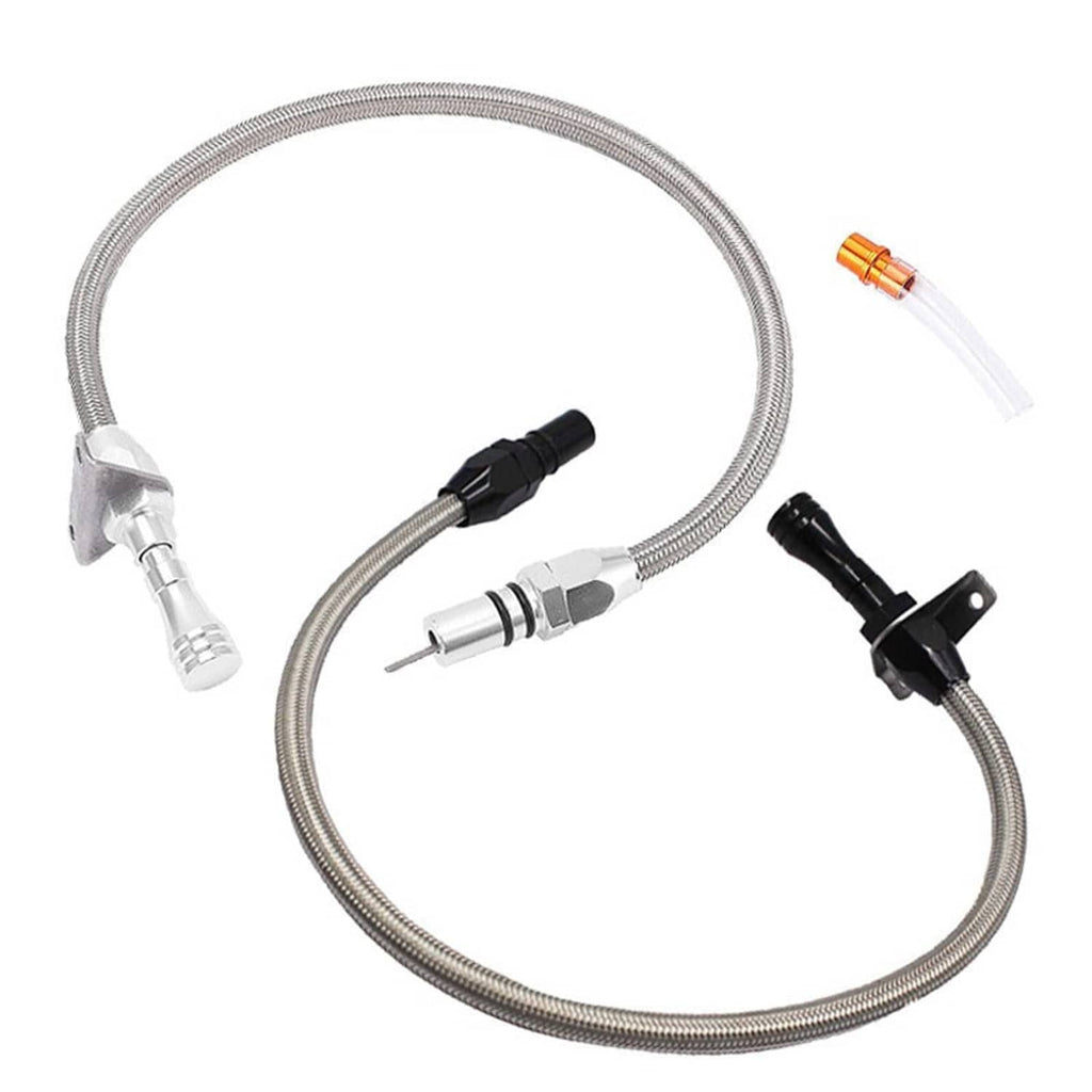 Flexible stainless dipstick kit with braided hose, black connector, and orange-tipped tube