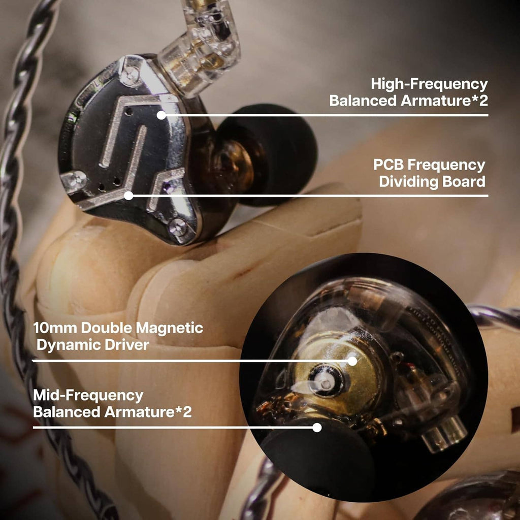 Close-up of in-ear monitor drivers with clear housing and black front module