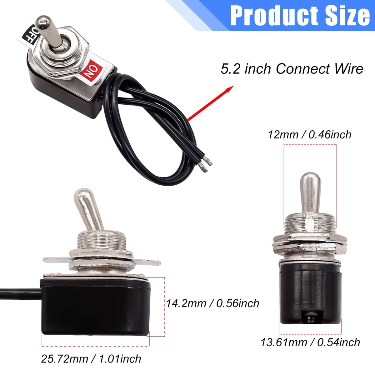 Two-piece SPST toggle switch set with black connect wires and metal push lever
