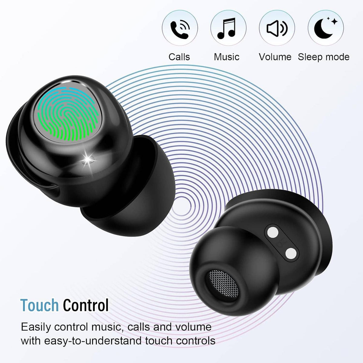 Black sleep earbuds case with touch-control icons for calls, music, volume, sleep