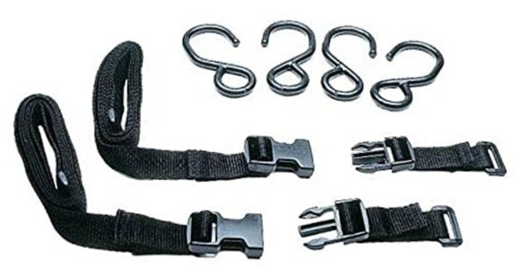 Black webbing tube keeper strap set with metal buckles and U-hooks