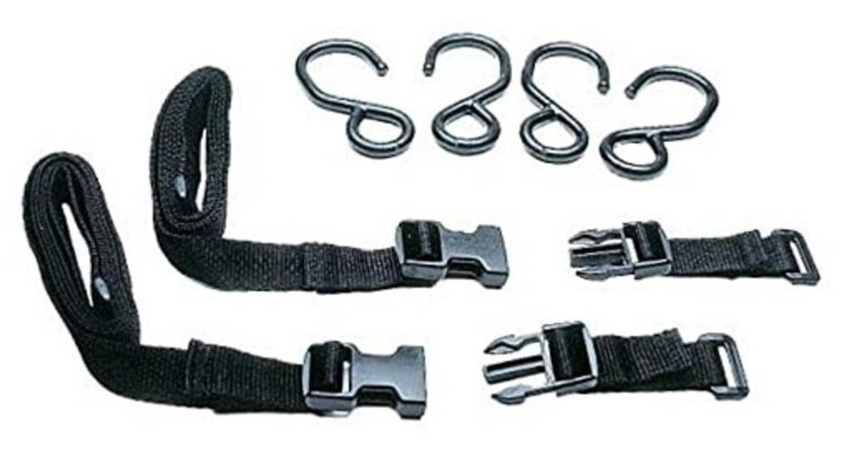 Black webbing tube keeper strap set with metal buckles and U-hooks