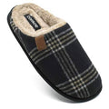 Men’s plaid slip-on scuff slippers with tan fleece lining and brown strap detail